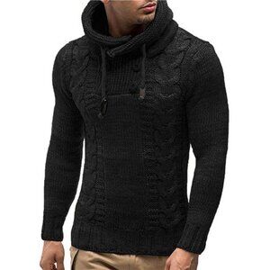 NWT Men's Black Cable Knit Cowl Neck Sweater | Button Detail Pullover